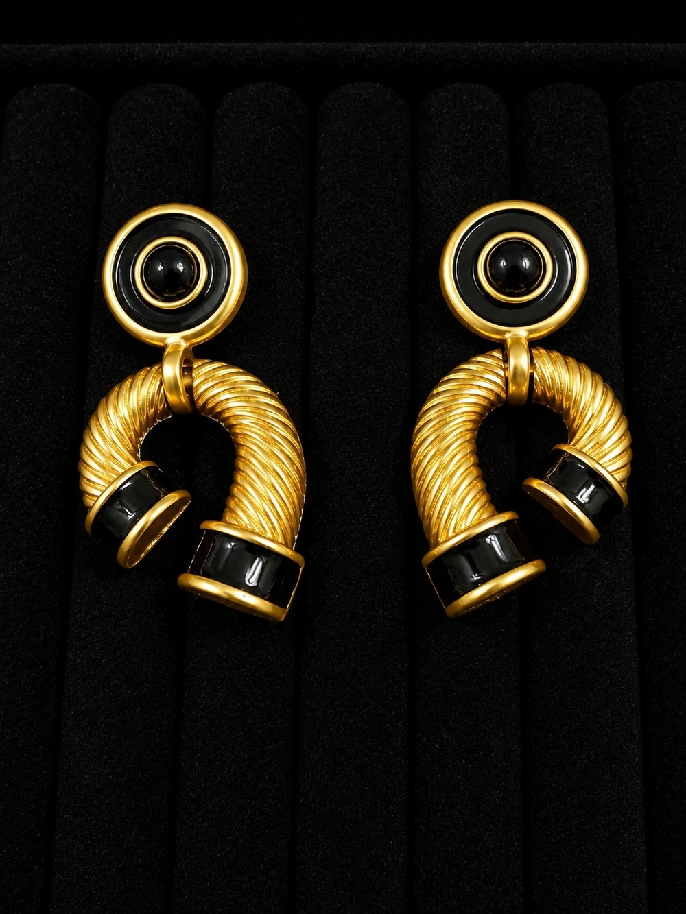 Vintage 1980s Oversized Black Enamel Gold Tone Horseshoe Pierced Earrings